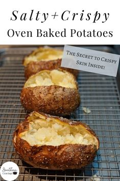 baked potatoes on a cooling rack with the words restaurant style oven baked potatoes