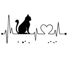 a black cat sitting on top of a heartbeat line