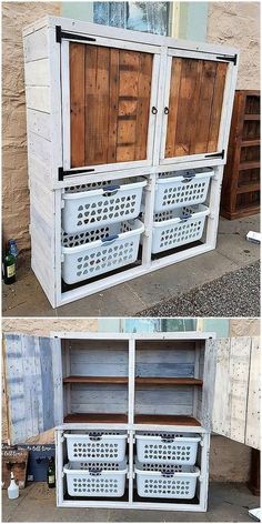 an old dresser is transformed into a storage unit with baskets on the top and bottom