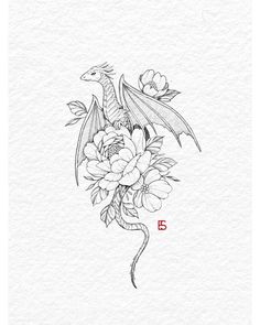 a drawing of a dragon with flowers on it