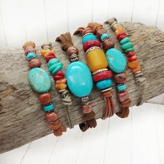 Southwestern Brown Hand Wrapped Bracelets, Bohemian Wrap Bracelet With Sliding Knot, Bohemian Turquoise Beaded Bracelets, Adjustable Southwestern Bracelets With Natural Stones, Southwestern Style Adjustable Bracelets With Natural Stones, Southwestern Bracelets With Natural Stones And Adjustable Fit, Rustic Adjustable Turquoise Beaded Bracelets, Bohemian Turquoise Wrap Bracelet With Natural Stones, Bohemian Leather Bracelet With Colorful Beads For Festivals