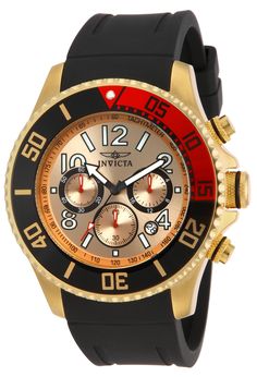 This beautiful Invicta Pro Diver watch contains a Quartz movement, held by a stunning gold case. Its face displays a gold metal dial protected by a highly resistant Flame Fusion Crystal. This timepiece is completed by a black polyurethane band and it offers water resistance of up to 100m.Plunge into any horizon using the steadfast guidance of the Invicta Pro Diver. Stylishly classic, internal workings are forged with variations of bold movements. Built with confident prowess, the fortitude with Azul Color, Invicta Pro Diver, Metal Crown, Best Watches For Men, Invicta Watches, Branded Gifts, Silicon Bands, Luxe Gifts, Gold Case