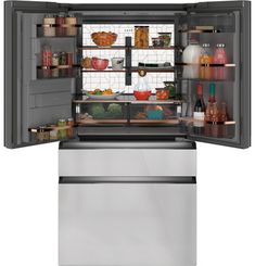 an open refrigerator with its door wide open and food in the freezer compartment is shown