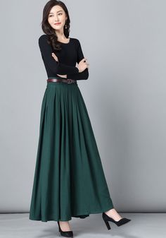 "Get dressed and out of the door in classic good looks with this pleated Long maxi skirt, crafted with soft cotton linen fabric, featuring pleated waist detail and two big pockets. DETAIL * More color available https://etsy.me/3gLwNaL * 50% linen,50% cotton * Not see through * Pleated around waist * Two pockets * Belt loops on waistband * Right Side zipper closure * Perfect for spring and summer, autumn SIZE GUIDE Size vary between Brand and Country Please get your body measurement with our Size Solid Cotton Flowy Pleated Skirt, Solid Color Cotton Pleated Skirt, Flowy, Solid Color Cotton Flowy Pleated Skirt, Cotton Skirt With Accordion Pleats For Work, Cotton Pleated Skirt In Solid Color, Cotton Pleated Solid Color Maxi Skirt, Solid Color Cotton Pleated Maxi Skirt, Elegant Full-length Cotton Skirt, Green Maxi Skirt For Work