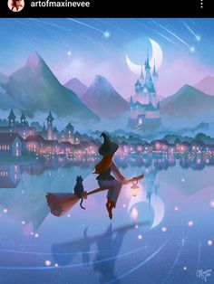 an animated image of a woman on a broom flying over a lake with a castle in the background