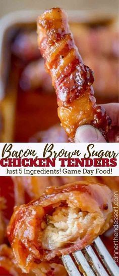 bacon wrapped in sugar is being held up by a fork with the words, bacon bleuvre sugar just's ingredient game day food