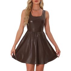 The tank dress features a sleek and flattering silhouette that accentuates your curves while providing comfort and ease of movement. The A-line cut creates a feminine and gorgeous look, allowing the dress to flow gracefully as you move. The faux leather adds texture and visual interest, making it a standout piece for any party or special occasion. Its combination of elegance and edginess makes it a fashionable choice that stands out from the crowd. Pair it with heels or ankle boots for a stylish Dresses Brown, Tank Dresses, Maxi Bodycon Dress, Mini Party Dress, Womens Muscle Tank, Mini Sundress, Mini Party, Mini Skater Dress, Mini Shift Dress