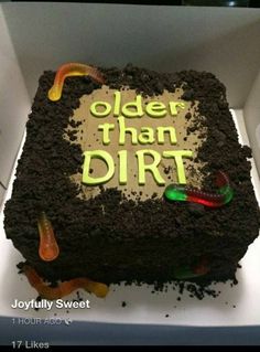 there is a cake that says older than dirt with worms on it and grass in the middle