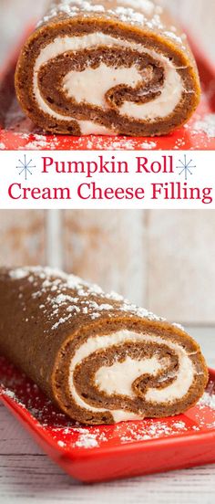 pumpkin roll cream cheese filling on a red plate