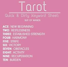 a pink poster with the words tarot and other words in white font on it