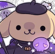 a purple teddy bear holding an umbrella in front of a spider web background with stars