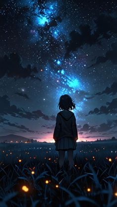 a girl looking up at the stars in the night sky with her back turned to the camera