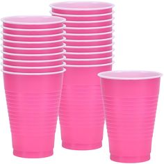 pink plastic cups stacked on top of each other