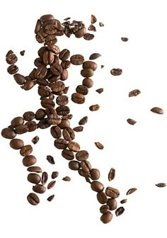 coffee beans fall into the air as a running man made out of them on a white background