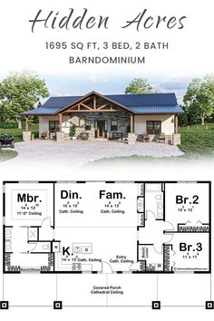 the floor plan for a small cabin home with two bedroom and an open living area