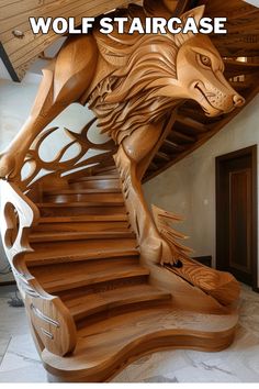 a staircase made out of wood with an image of a wolf on the top and bottom