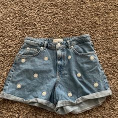 Jean Shorts With Sunflowers Never Worn No Tag Casual Spring Bottoms With Daisy Print, Casual Daisy Print Bottoms For Spring, Blue Floral Print Shorts For Spring, Summer Floral Print Denim Shorts, Vintage Jean Shorts, Pleated Jacket, Digital Closet, Cute Pants, Crochet Halter Tops