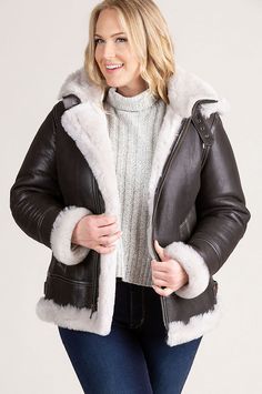 Jane Sheepskin B-3 Bomber Jacket | Overland Plus Size Leather Jacket, Everyday Jacket, Cute Coats, Sheepskin Coat, British Fashion, Shearling Coat, Coat Outfits, Leather Sleeve, Detachable Hood