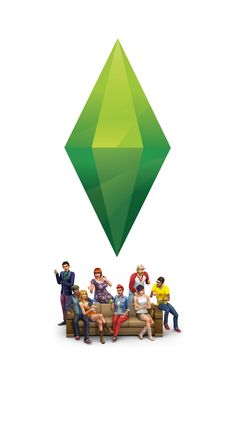 a group of people sitting on top of a couch in front of a green diamond