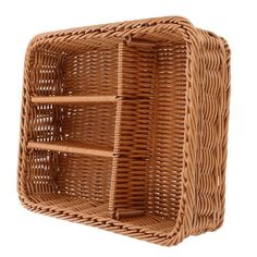 a brown wicker basket with three compartments