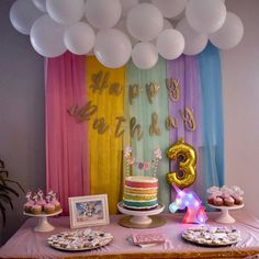 a table topped with cake and balloons next to a rainbow colored wall hanging from the ceiling