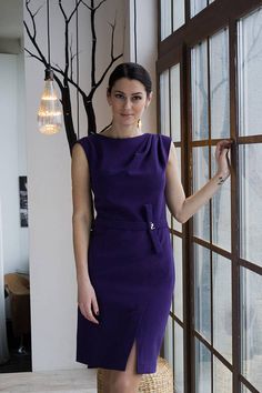 Purple Dress by TAVROVSKA, Pencil Dress, Sleeve-Less dress Deep Neck Dress, Dress Draping, Draping Dress, Cocktail Midi Dress, Office Chic, Boat Neck Dress, Red Cocktail Dress, Midi Cocktail Dress, Dress Cocktail