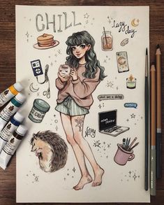 a drawing of a girl holding a cat next to some markers and paintbrushes