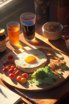 a wooden table topped with an egg, tomatoes and other foods on top of it