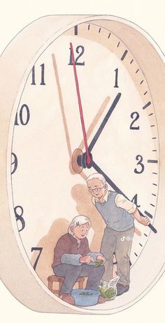 an old man sitting in front of a clock with another older man standing next to him