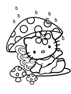 a hello kitty sitting on top of a mushroom with an umbrella over it's head