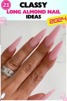 Glossy pink long almond nails with a smooth, shiny finish. Acrylic material, providing a feminine and classy look. Suitable for any occasion, easily transitioning from day to night. Pink Long Almond Nails, Almond Nails Ideas, Almond Nail Ideas, Classy Almond Nails, Long Almond, Glossier Pink, Almond Nails Designs