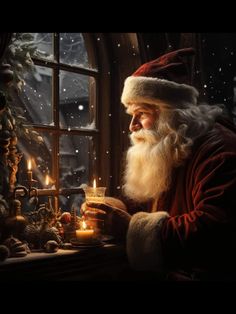 a santa claus looking out the window with candles in his hand