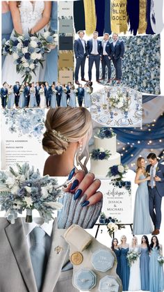 a collage of blue and gold wedding colors