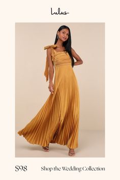 There are so many ways to look sensational, but wearing the Lulus Gorgeous Purpose Gold Satin Pleated Bow Maxi Dress is the easiest! Sleek pleated woven satin shapes this stunning dress that features a sleeveless bodice, a straight neckline, and slender tank straps (with one adorned with a matching pleated bow detail). The high, fitted waist tops a breezy, A-line skirt that cascades down to a sweeping maxi hem. Hidden back zipper/clasp. Fit: This garment fits true to size. Length: Floor length. Gold Pleated Skirt, Neutral Bridesmaid Dresses, Bridal Party Dresses, Gold Satin, Black Tie Wedding, Straight Neckline, Black Wedding, Stunning Dresses, Bow Detail