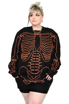 black sweater dress with orange skeleton print on front and back Skeleton Outline, Orange Skeleton, Halloween Fashion Outfits, Skeleton Sweater, Orange Sweater, Black Sweater Dress, Orange Sweaters, Super Cute Dresses, Halloween Fashion