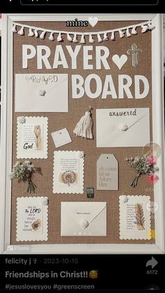 a bulletin board with pictures and words on it that say prayer, prayer, pray