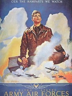 an advertisement for the united states army air forces, featuring a man in uniform with two planes