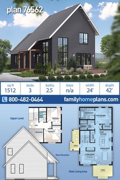 two story house plan with 3 bedroom and 2 bathrooms in the front, an open floor plan