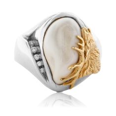 Elk tooth ivory diamond ring is featured in14K yellow gold with .15 total carat weight diamonds, and could also be created in 14K white gold, 14K rose gold, or sterling silver with 14K yellow gold antlers with .15 total carat weight of diamonds. This bold ring is superbly hand carved and custom designed by Jerel Moon, one of the amazing jewelers at Park City Jewelers, with a painstakingly detailed elk's head and antlers. Your trophy elk ivory will be individually fitted and securely set to ultim Elk Ivory, Bold Rings, Rose Gold Diamond Ring, White Ring, Yellow Gold Rings, Diamond Jewelry, Diamond Ring, Rings For Men, Rose Gold