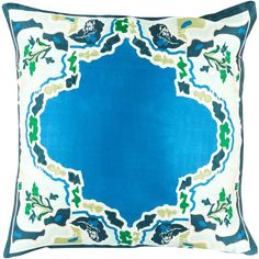 a blue and white pillow with an ornate design