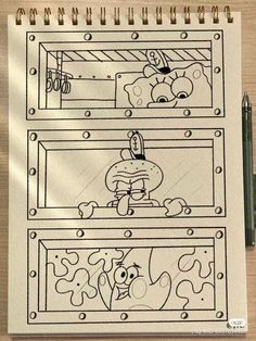 a drawing of an animal in a cage with another cartoon character behind it, on top of a notebook