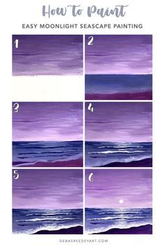 step by step instructions on how to paint an ocean scene with purple and blue colors