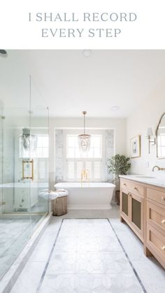 a bathroom with a tub, sink and large mirror in the center is featured on this page