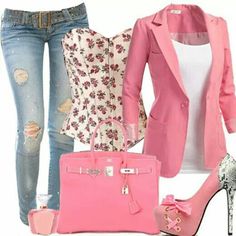 Maybe not those shoes and the corset instead of the tank Rocker Girl, Mode Boho, Pink Jacket, Outfit Casual, Outfits Casuales, Cute Fashion