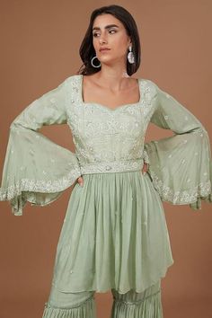 Mint green peplum padded kurta with pearl, cutdana, sequin, thread embroidery in floral pattern. Paired with pleated sharara and dupatta. - Aza Fashions Kurta Sharara Set, Kurta Sharara, Sharara Set, Thread Embroidery, Fashion App, Set For Women, Aza Fashion, Mint Green, Floral Pattern