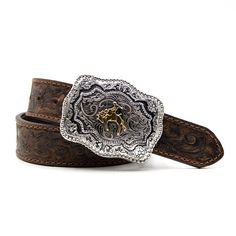 Product Details: Kids’ tooled belt Two-tone buckin’ bronc buckle Brown Belt width: 1 1/4" 100% full-grain leather Buckle finish: Antique gold and silver Due to the uniqueness and natural attributes of this leather, color variations may occur Adjustable Western Concho Belt Buckles, Leather Belt Buckles For Rodeo, Western Gold Belt With Antique Buckle, Western Concho Belt Buckles For Country Events, Western Leather Belt Buckles For Rodeo, Adjustable Concho Belt Buckles For Western-themed Events, Western Style Adjustable Belts For Western-themed Events, Leather Concho Belt Buckles For Rodeo, Gold Western Belt For Western-themed Events