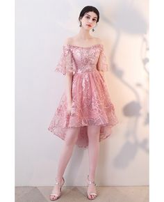 Buy gorgeous pink off shoulder hoco dress high low with sleeves at wholesale price online. Free shipping and pro custom service since 2009. Flower Dress Aesthetic, Fuschia Pink Dress, Pink High Low Dress, Puffy Sleeve Dress, Pink Princess Dress, Dress High Low, Pink Dress Short, Hoco Dress, Crystal Shoes