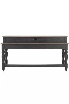 an antique style coffee table with drawers and legs on the bottom, in grey wood