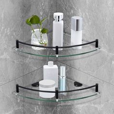 PRICES MAY VARY. 🔥[Glass Shower Corner Shelves Design] Made of high quality stainless steel and glass, Its space-saving corner design keeps your bathroom organized and clean. 🔥[Tcompact Size Huge Storage Space] 6 mm tempered glass bathroom shelf can holds 11 pounds, Corner shower shelf depth 9.8-inch. You can find precise dimension from product pictures. Overall dimensions: 9.8 x 9.8 x 2.4 inches. When broken, it crumbles into small granular chunks instead of splintering into jagged shards as Corner Shelves Design, Shower Corner Shelves, Glass Shower Shelves, Corner Shower Shelf, Glass Corner Shelves, Shower Corner Shelf, Corner Shelf Design, Glass Bathroom Shelves, Shower Shelf