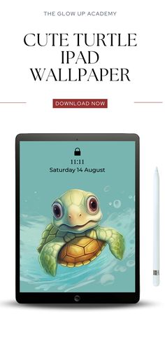 the turtle wallpaper is on display in front of an ipad with a pen next to it